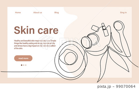 Skin care concept. Landing page template. Morning routine. Bath time. Organic products for scrubbing and body skin care with natural herbal skin care products, top view. Vector illustration 99070064