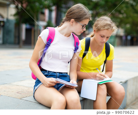 Smart teenager girls doing their homework in city park 99070622