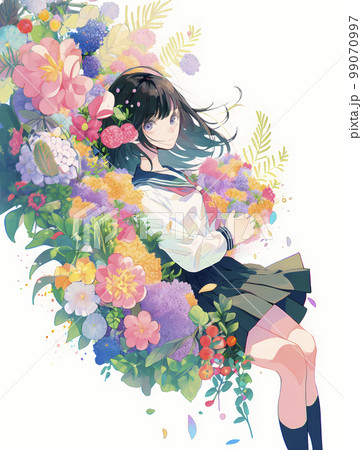 綺麗な花に包まれた女子高生「AI生成画像」のイラスト素材 [99070997