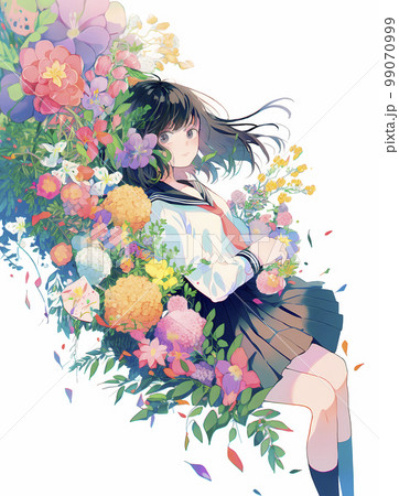 カラフルな花と女性のイラスト 花に囲まれた女性＿アイコン＿カラフルイラスト - No: 23487034｜無料