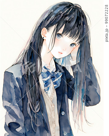 髪をかき上げながらこちらを見る女子高生・女子中生 水彩イラスト「AI生成画像」 髪をかき上げながらこちらを見る女子高生・女子中生 水彩イラスト「AI生成画像」 99072228