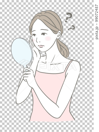 お肌の悩み 肌トラブル 手鏡を見て困惑する女性  99072487