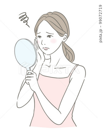 お肌のトラブルに困惑する女性 手鏡を見る女性 美容イメージイラスト 99072719