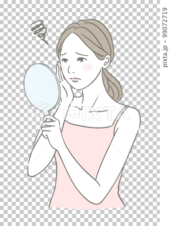 A woman who is confused by skin troubles A woman looking at a hand mirror Beauty image illustration 99072719