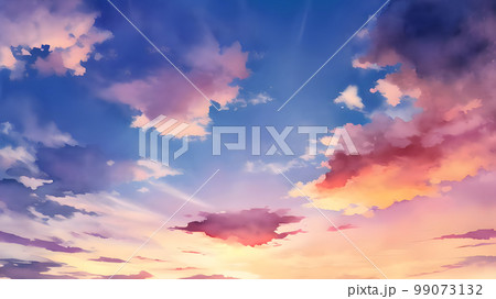 茜色の空と雲　背景素材　イラスト　水彩 99073132