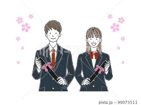 桜の花と卒業証書を持つ男女の学生 男子高生 女子高生 99073511