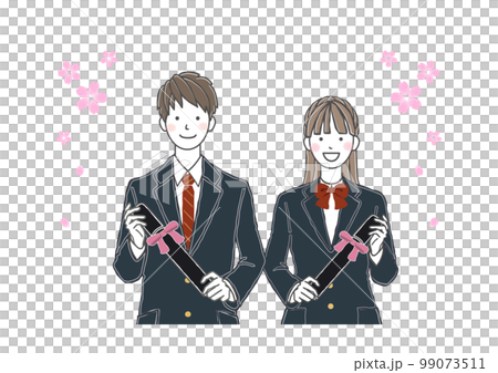桜の花と卒業証書を持つ男女の学生 男子高生 女子高生 99073511