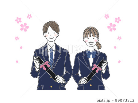 桜の花と卒業証書を持つ男女の学生 男子生徒 女子生徒 99073512