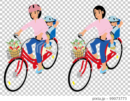 子供を乗せて自転車を走らせるヘルメットをかぶったママとかぶっていないママ 99073773