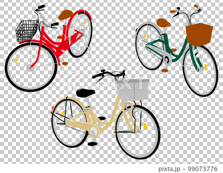 從前面對角線看不同顏色和形狀的各種家庭自行車 99073776