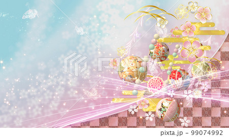春の花と手毬と蝶々の華やかな和風の背景  99074992