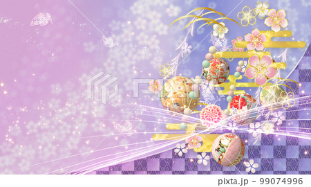 春の花と手毬と蝶々の華やかな和風の背景  99074996