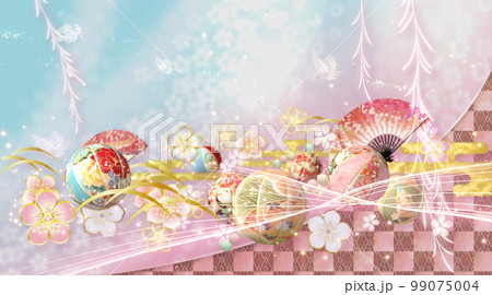 春の花と手毬と蝶々の華やかな和風の背景  99075004