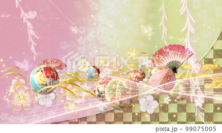 春の花と手毬と蝶々の華やかな和風の背景  99075005