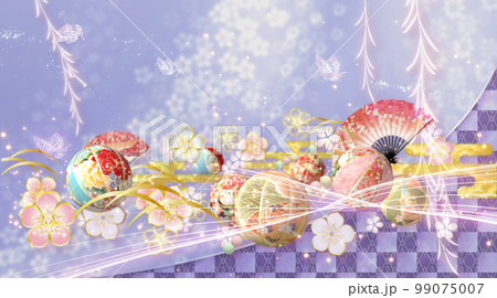 春の花と手毬と蝶々の華やかな和風の背景  99075007