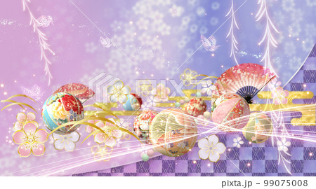 春の花と手毬と蝶々の華やかな和風の背景  99075008