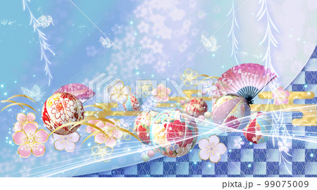 春の花と手毬と蝶々の華やかな和風の背景  99075009