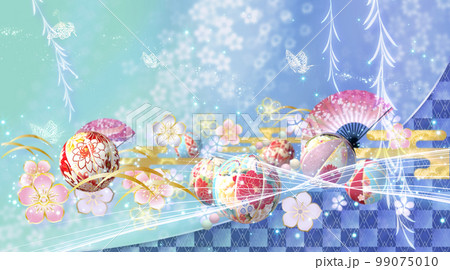 春の花と手毬と蝶々の華やかな和風の背景  99075010