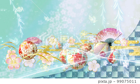 春の花と手毬と蝶々の華やかな和風の背景  99075011