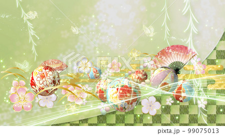 春の花と手毬と蝶々の華やかな和風の背景  99075013