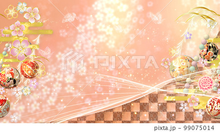 春の花と手毬と蝶々の華やかな和風の背景  99075014