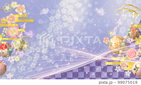 春の花と手毬と蝶々の華やかな和風の背景  99075019