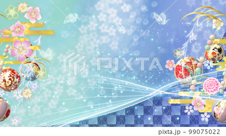 春の花と手毬と蝶々の華やかな和風の背景  99075022