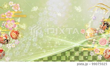 春の花と手毬と蝶々の華やかな和風の背景  99075025