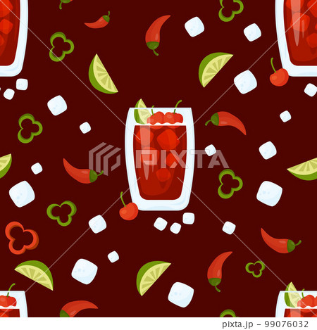 Seamless pattern with Mexican cocktail. Cherry limeade drink in glass with ice cubes, cherries and lime on dark burgundy background with chili pepper. Vector pattern with latin american drink Seamless pattern with Mexican cocktail. Cherry limeade drink in glass with ice cubes, cherries and lime on dark burgundy background with chili pepper. Vector pattern with latin american drink 99076032