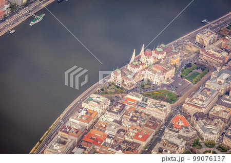 Above Budapest and Danube river cityscape at evening , Hungary 99076137