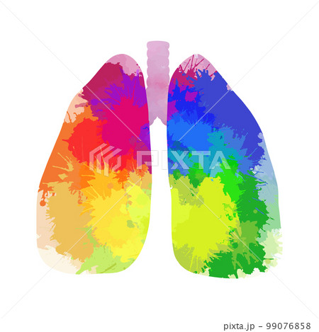 Rainbow watercolor illustration of human lungs isolated from background. Paint drawing human body organ with colorful splashes and sprays. 99076858