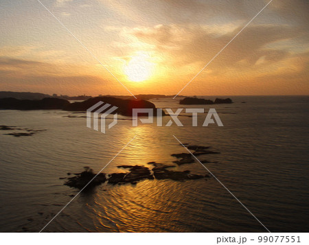 高所から望む夕陽の沈む黄金色に煌めく穏やかな南紀の小磯の海岸線と海の画像をイラスト風レタッチ加工。 高所から望む夕陽の沈む黄金色に煌めく穏やかな南紀の小磯の海岸線と海の画像をイラスト風レタッチ加工。 99077551