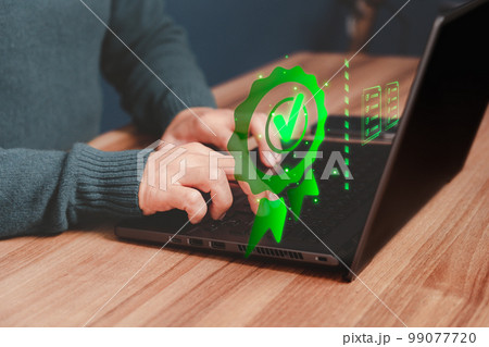 Man working with sign of the top service quality assurance on virtual screen. Guarantee, Standards, ISO certification and standardization concept. 99077720