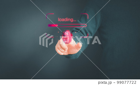 Mature man touching virtual screen loading bar with fingerprint. Concept of goal, action plan, strategy and new year business vision. New start up business. Mature man touching virtual screen loading bar with fingerprint. Concept of goal, action plan, strategy and new year business vision. New start up business. 99077722