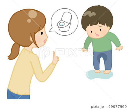 お漏らししてしまった子どもに優しく話しかけるママ お漏らししてしまった子どもに優しく話しかけるママ 99077969
