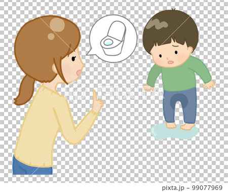 お漏らししてしまった子どもに優しく話しかけるママ お漏らししてしまった子どもに優しく話しかけるママ 99077969