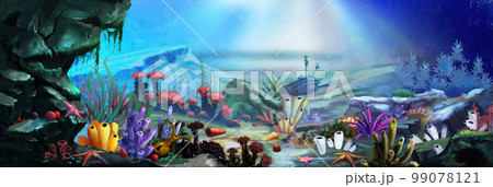 Sea floor with seaweed and corals illustration 99078121