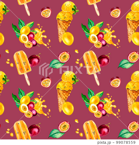 Purple, yellow maracuja and ice-cream watercolor seamless pattern isolated on magenta background. Purple, yellow maracuja and ice-cream watercolor seamless pattern isolated on magenta background. 99078559