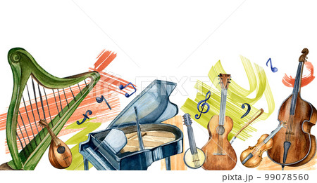 Board of classical musical instruments and paint stroke watercolor illustration isolated. 99078560