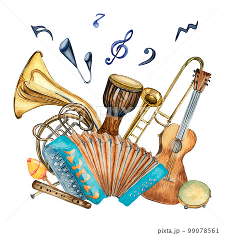 Composition of jazz musical instruments and symbol watercolor illustration isolated. 99078561