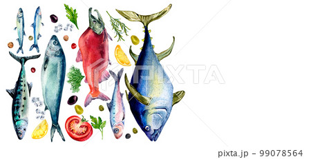 Board of fresh fish and spices watercolor illustration isolated on white. 99078564