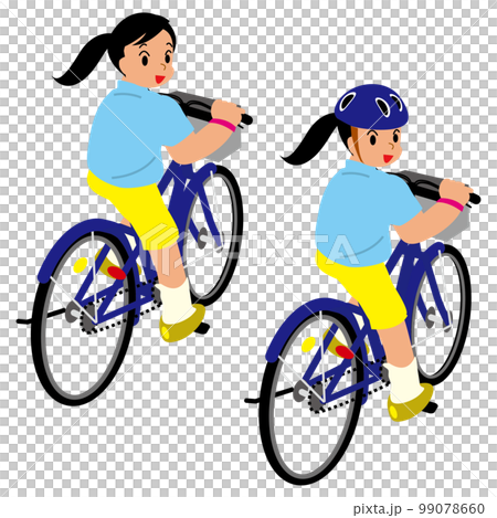 自転車に乗って振り返る小学生の女の子。斜め後から。 99078660