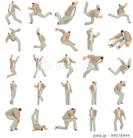 A man with glasses wearing brown cloth is expression of body or doing exercise. 3d rendering of cartoon character in acting. 99078994