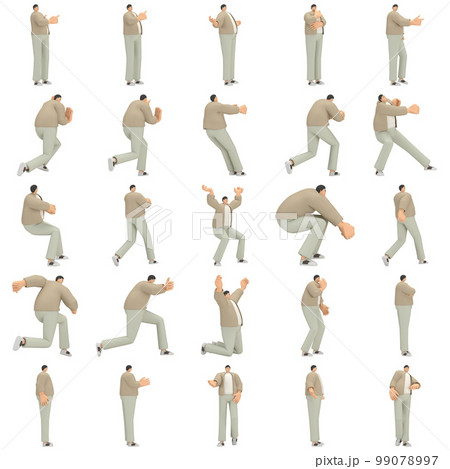 A man with glasses wearing brown cloth is expression of body or doing exercise. 3d rendering of cartoon character in acting. 99078997