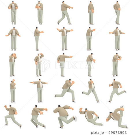 A man with glasses wearing brown cloth is expression of body or doing exercise. 3d rendering of cartoon character in acting. 99078998