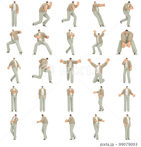 A man with glasses wearing brown cloth is expression of body or doing exercise. 3d rendering of cartoon character in acting. 99079003