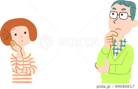 向かい合って考え事をする夫婦　輪郭線なし 99080617