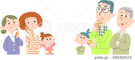 向かい合って考え事をする三世代家族　輪郭線なし 99080629