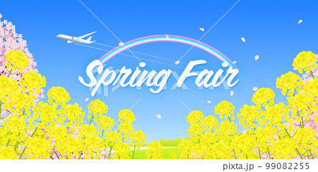 菜の花畑と桜並木　スプリングフェア　背景素材 99082255