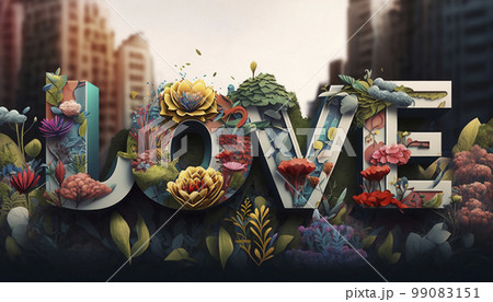Floral Love, Stunning Display of Flowers Spell Out the Word of LOVE. AI generative. 99083151